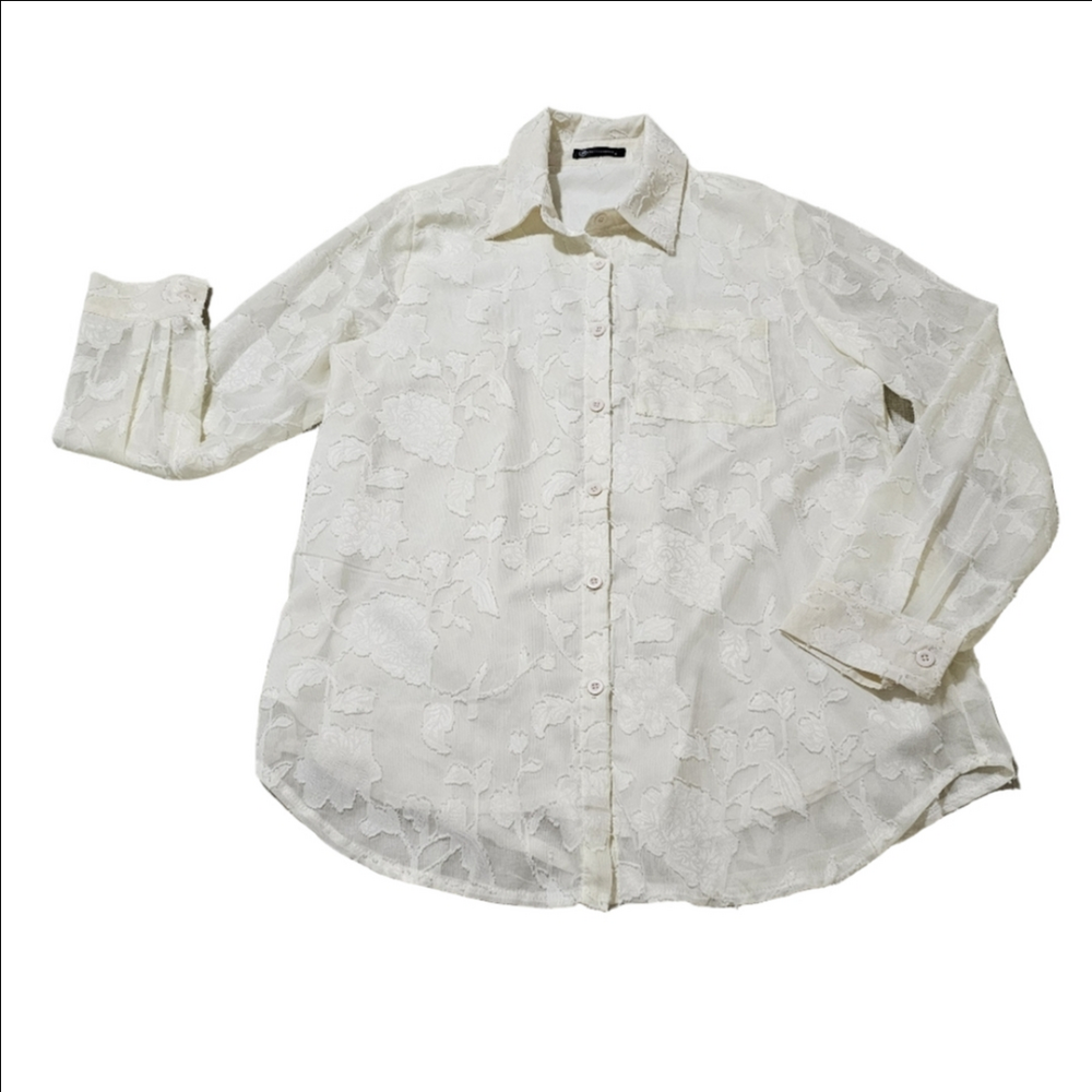 Pretty Garden Romantic Sheer Chiffon Textured Blouse Button Down Cream Small - Picture 2 of 16
